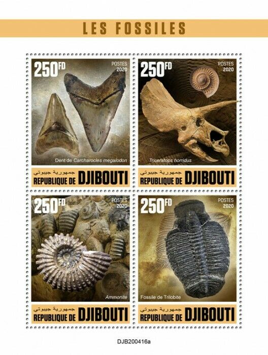Djibouti 2020 MNH - Fossils - Dinosaurs Megalodon Ammonites Trilobites - 4v M/S