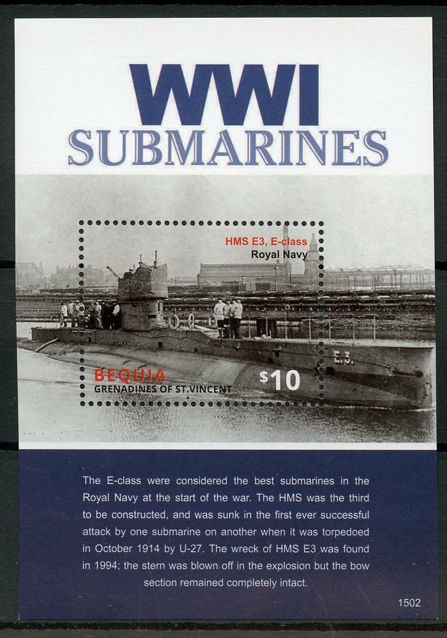 Bequia Gren St Vincent Military Ships Stamps 2015 MNH WWI WW1 Submarines 1v S/S