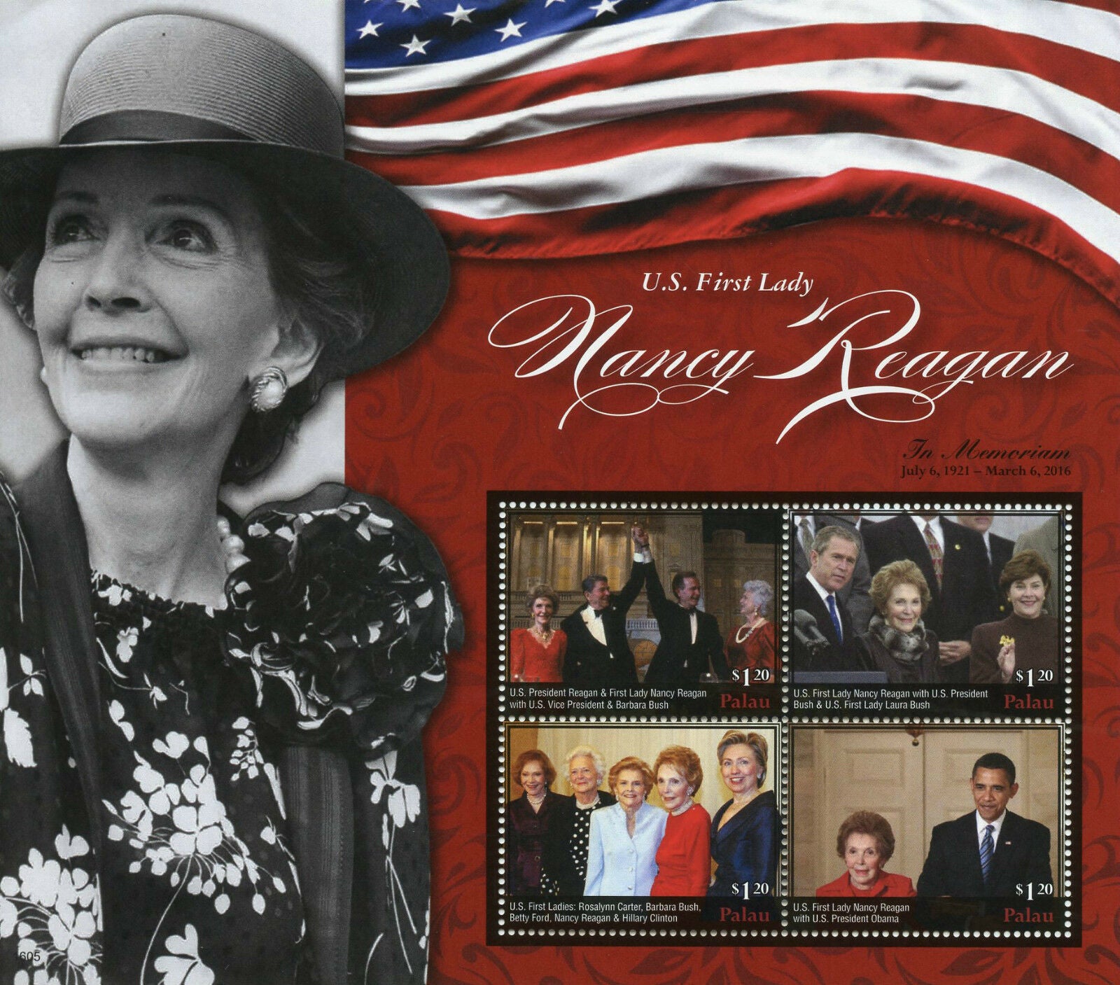 Palau Stamps 2016 MNH US First Lady Nancy Reagan Clinton Barack Obama 4v M/S