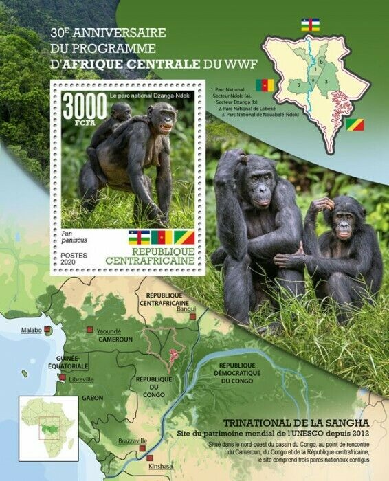 Central African Rep 2020 MNH WWF Stamps Chimpanzees Wild Animals 1v S/S II