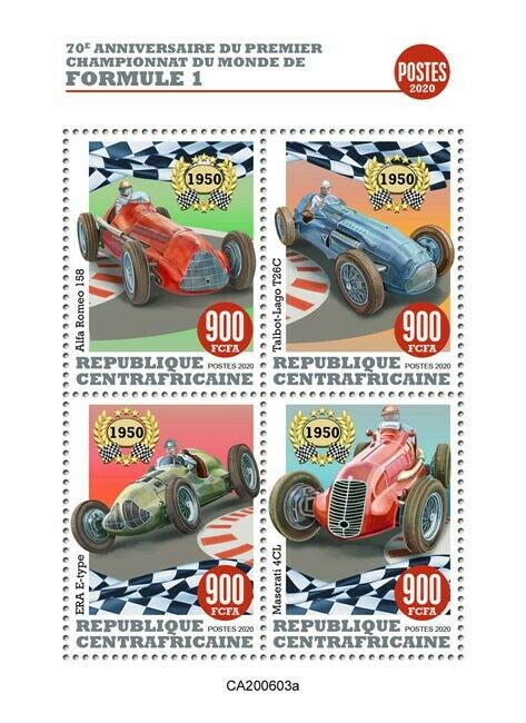 Central African Rep 2020 MNH Sports Stamps F1 Formula 1 Auto Racing Cars 4v M/S