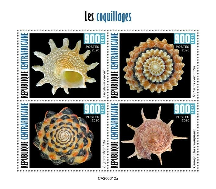 Central African Rep Seashells Stamps 2020 MNH Sea Shells Astralium Marine 4v M/S