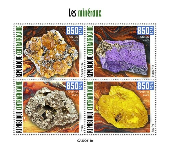 Central African Rep 2020 MNH Minerals Stamps Pyrite Sulfur Spessartine 4v M/S