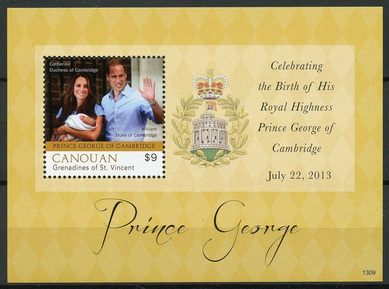 Canouan Gren St Vincent Royalty Stamps 2013 MNH Prince George Royal Baby 1v S/S