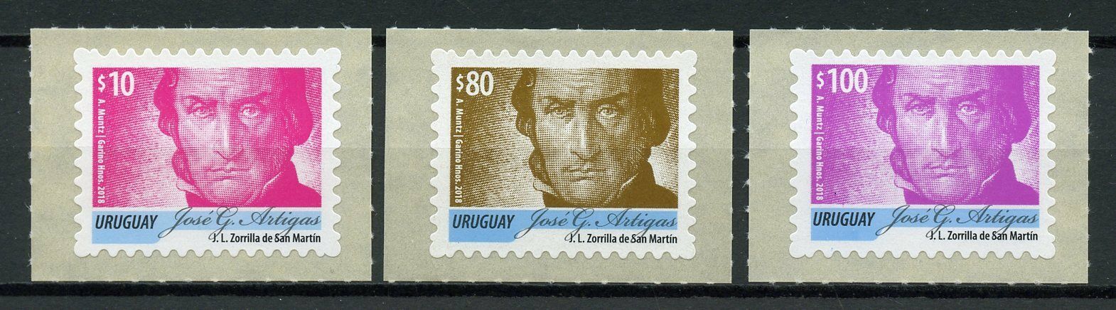 Uruguay 2018 MNH Jose Artigas Definitives Pt II 3v S/A Set Famous People Stamps