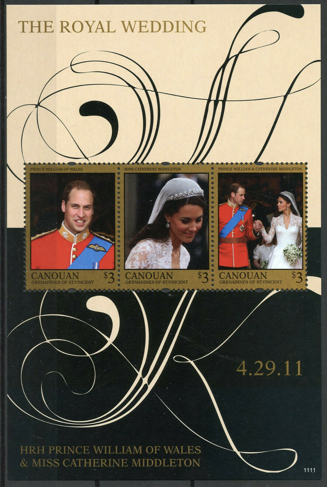 Canouan Gren St Vincent Stamps 2011 MNH Royal Wedding William & Kate 3v M/S II