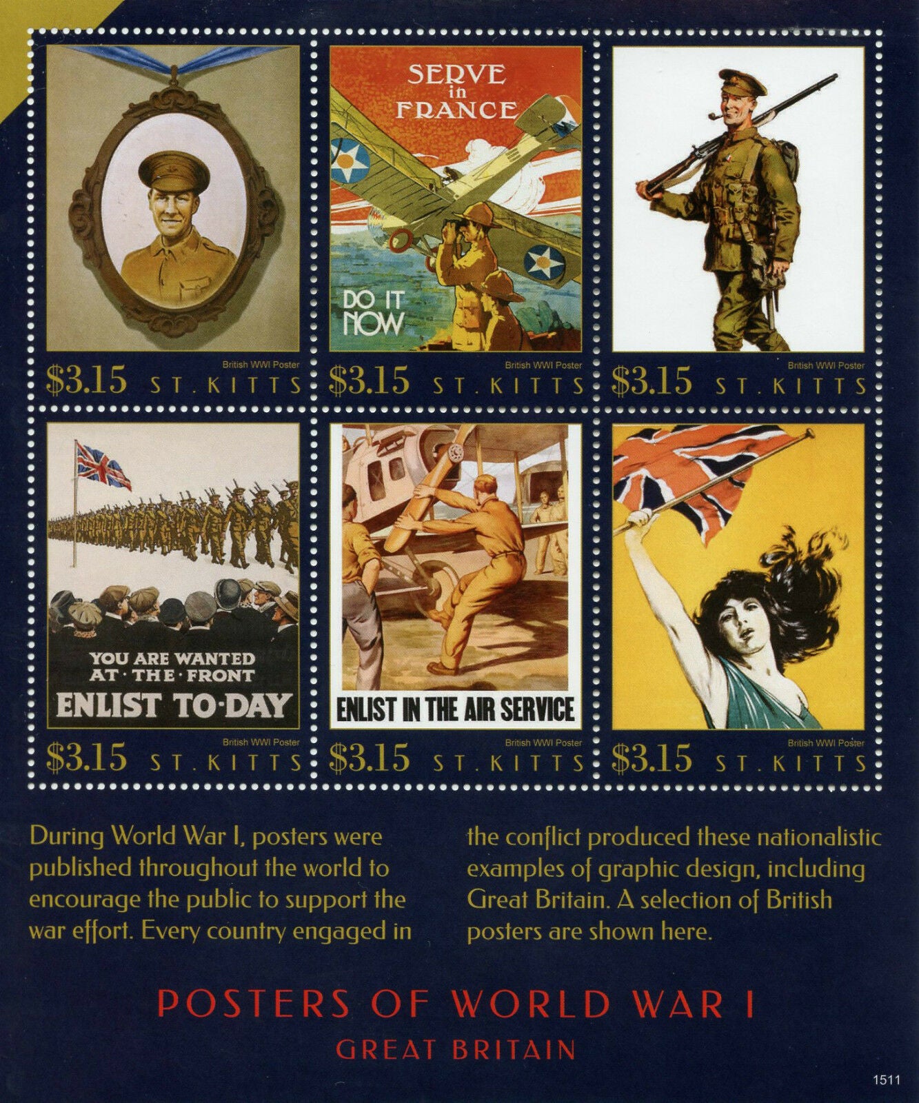 St Kitts Stamps 2015 MNH WWI WW1 Posters of World War I Great Britain 6v M/S