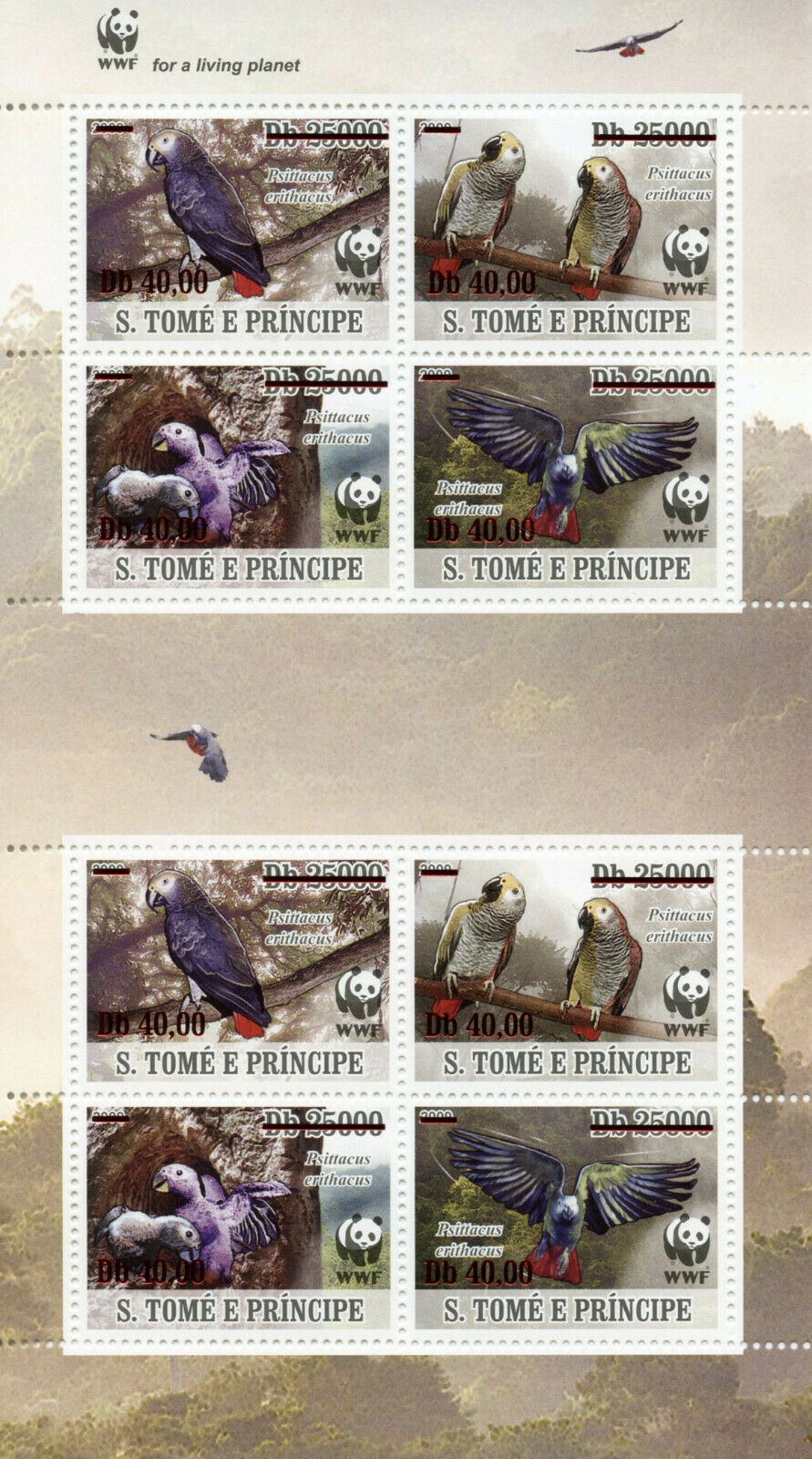 Sao Tome & Principe WWF Stamps 2020 MNH Grey Parrots Birds Red OVPT 8v M/S