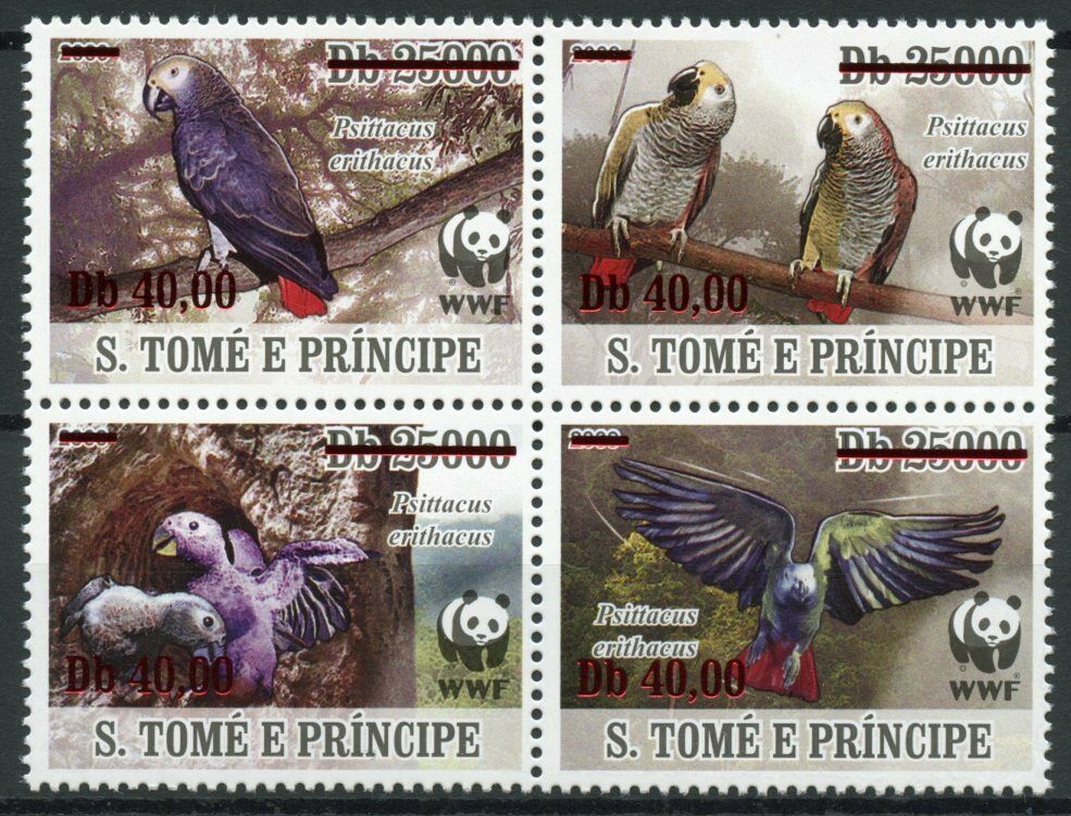 Sao Tome & Principe WWF Stamps 2020 MNH Grey Parrots Birds Red OVPT 4v Block