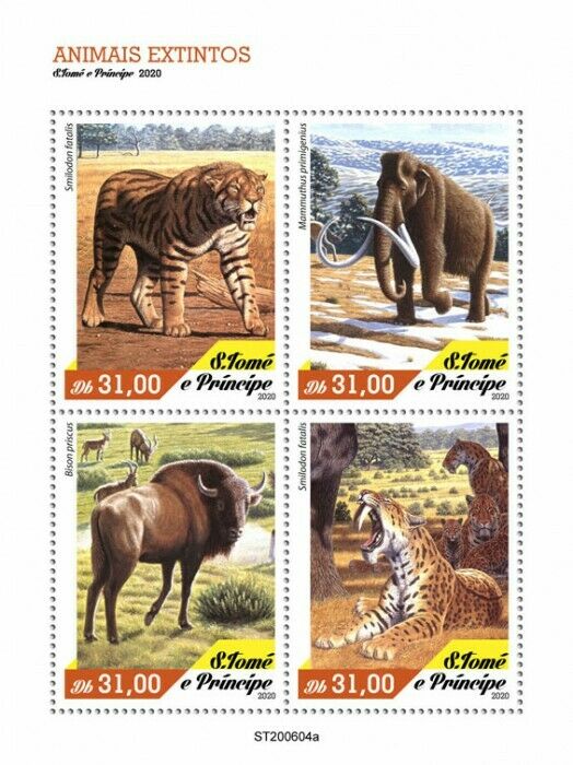 Sao Tome & Principe Extinct Animals Stamps 2020 MNH Tigers Mammoths Bison 4v M/S