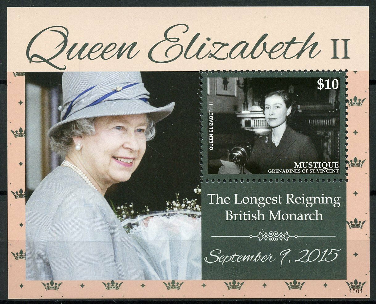 Mustique Gren Vincent Stamps 2015 MNH Royalty Stamps Queen Elizabeth II Longest Reigning 1v S/S