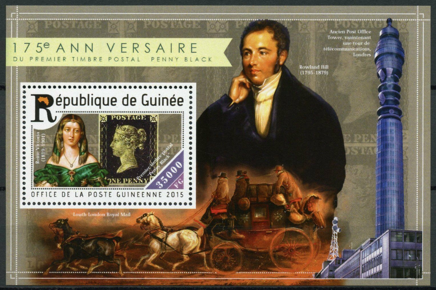 Guinea Stamps-on-Stamps Stamps 2015 MNH Penny Black Rowland Hill People 1v S/S