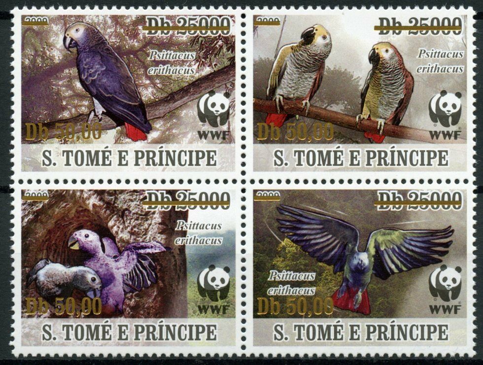 Sao Tome & Principe 2020 MNH WWF Stamps Grey Parrots Birds Gold OVPT 4v Block