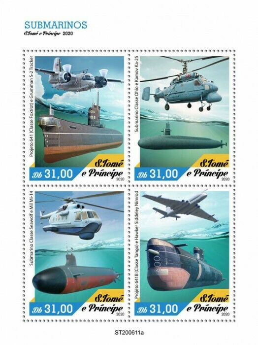 Sao Tome & Principe Submarines Stamps 2020 MNH Ships Aviation Helicopters 4v M/S