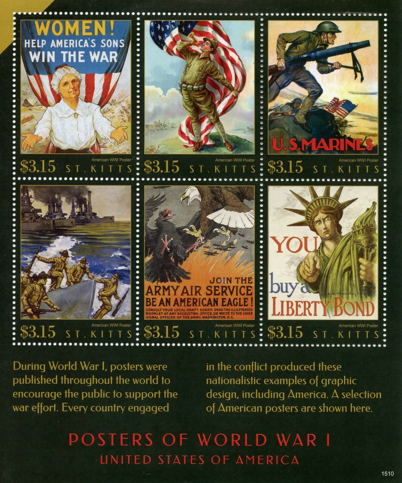 St Kitts 2015 MNH WWI WW1 Posters of World War I United States USA 6v M/S Stamps