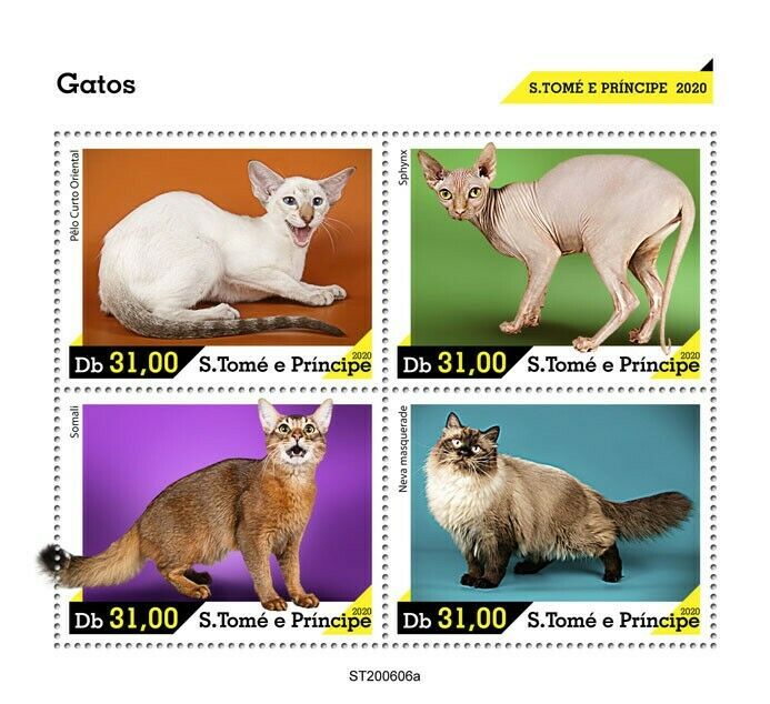 Sao Tome & Principe 2020 MNH Cats Stamps Sphynx Somali Neva Masquerade Cat 4v M/S
