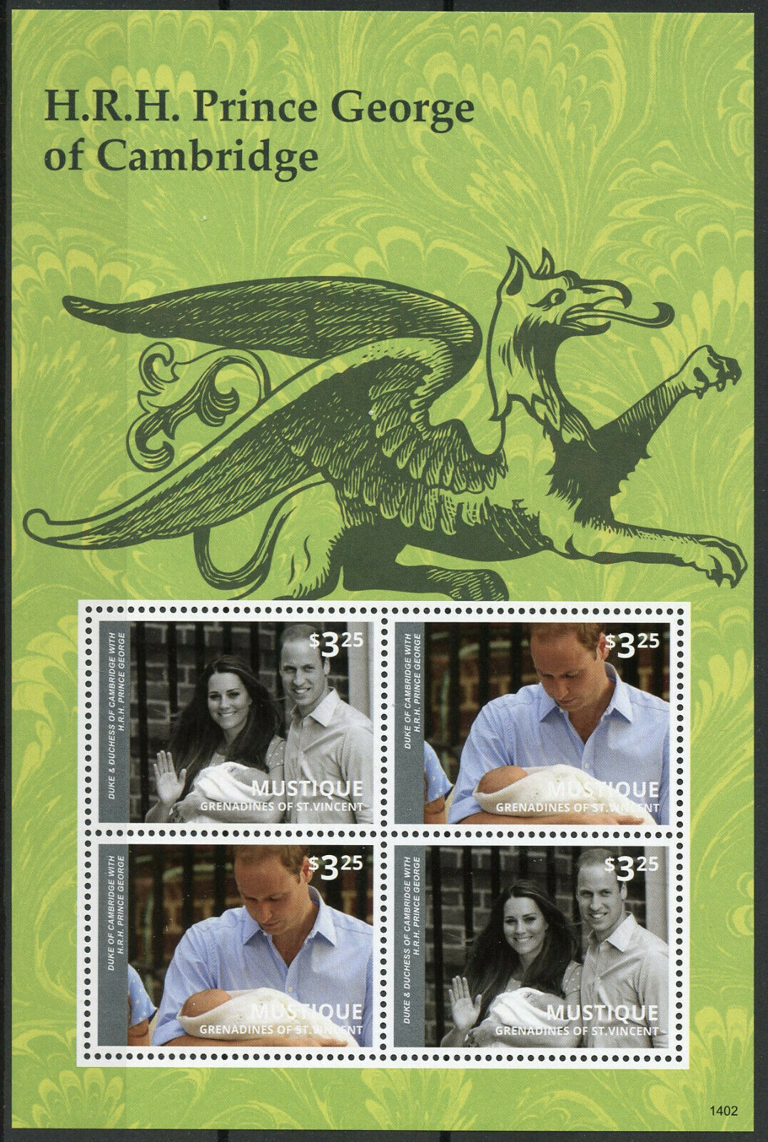 Mustique Gren St Vincent Stamps 2014 MNH Christening Prince George 4v M/S II