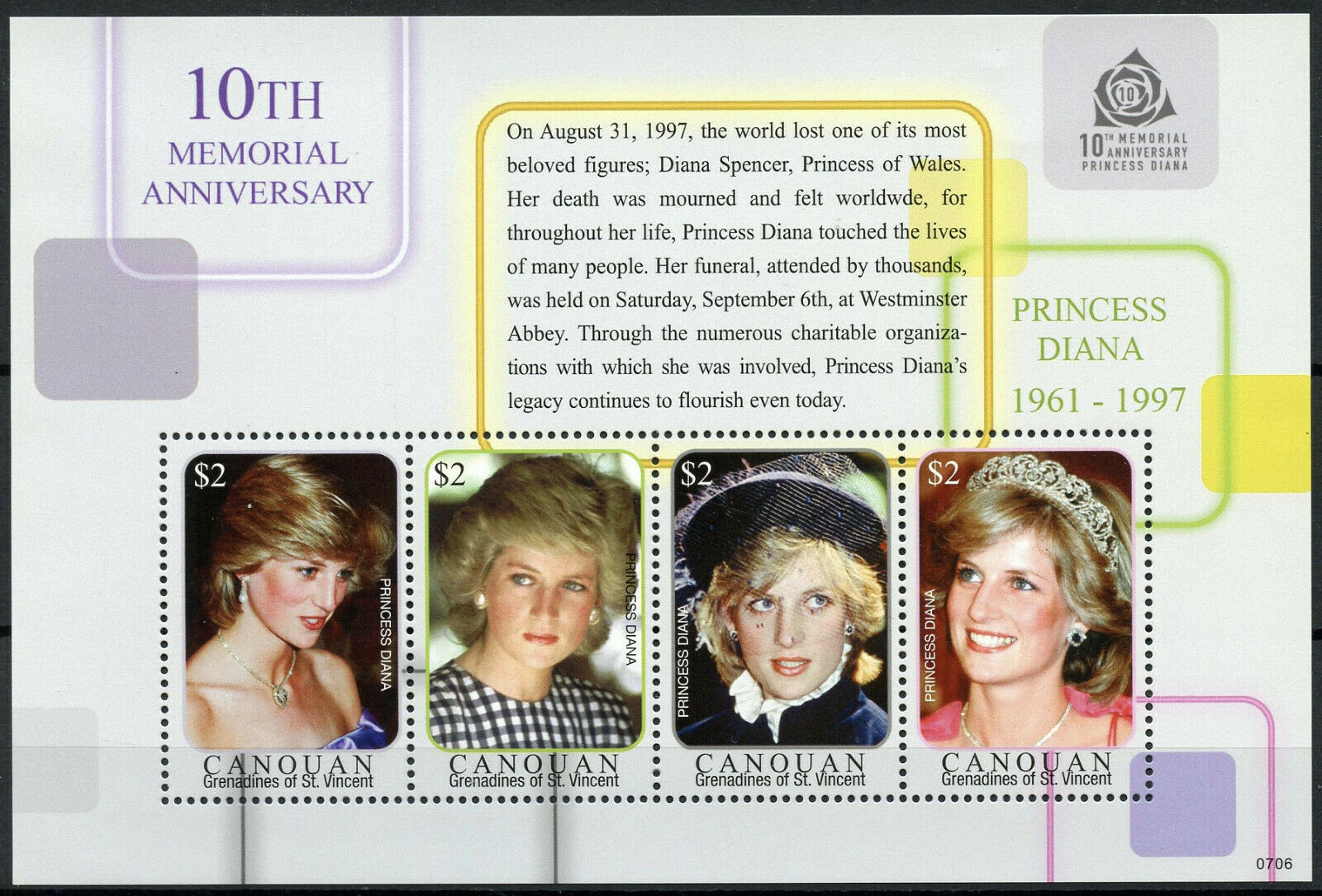 Canouan Gren St Vincent 2007 MNH Royalty Stamps Princess Diana Memorial 4v M/S