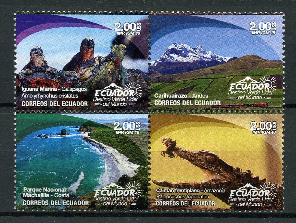 Ecuador 2018 MNH Tourism Birds Frogs Lizards Crodiles 8v S/A M/S 4v Block Stamps