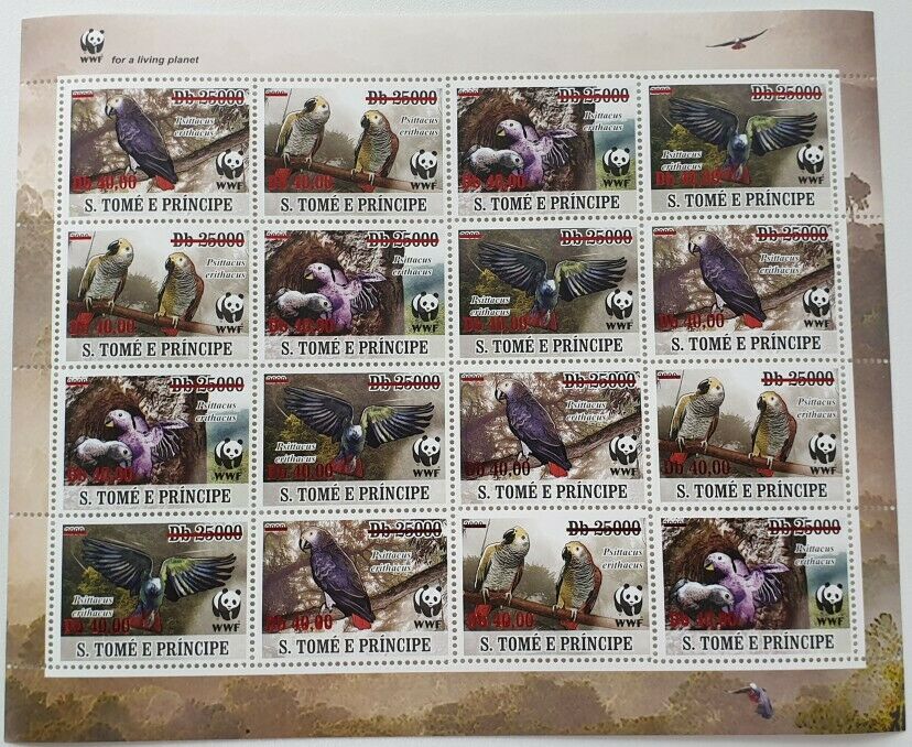 Sao Tome & Principe WWF Stamps 2020 MNH Grey Parrots Birds Red OVPT 16v M/S
