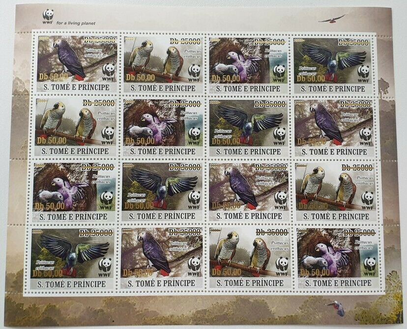 Sao Tome & Principe WWF Stamps 2020 MNH Grey Parrots Birds Gold OVPT 16v M/S