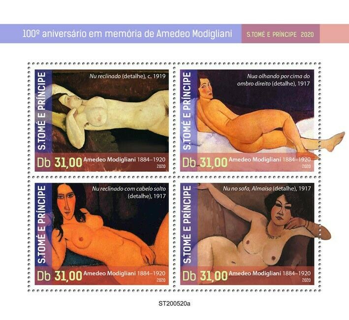 Sao Tome & Principe Art Stamps 2020 MNH Amedeo Modigliani Nudes Paintings 4v M/S