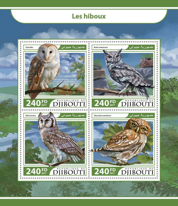 Djibouti 2017 MNH Owls Barn Owl Owlet Eagle-Owl 4v M/S Hiboux Birds Stamps