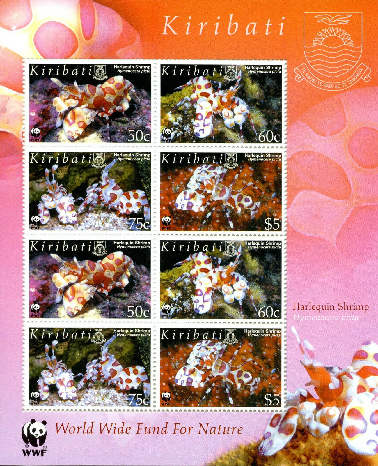 Kiribati 2005 MNH Marine Animals Stamps Harlequin Shrimp WWF Shrimps 8v M/S