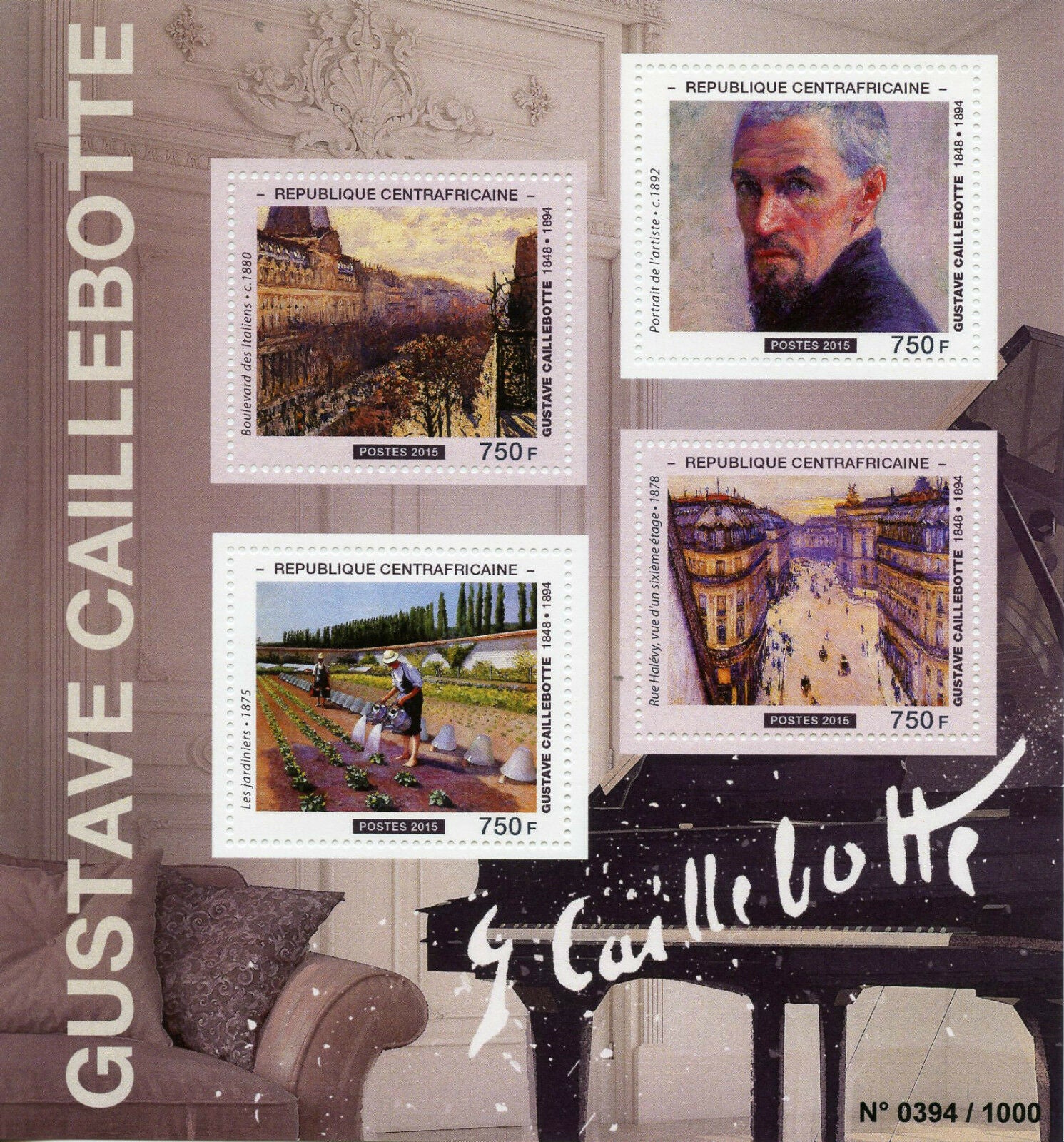 Central African Rep 2015 MNH Gustave Caillebotte 4v M/S Paintings Rue Halevy