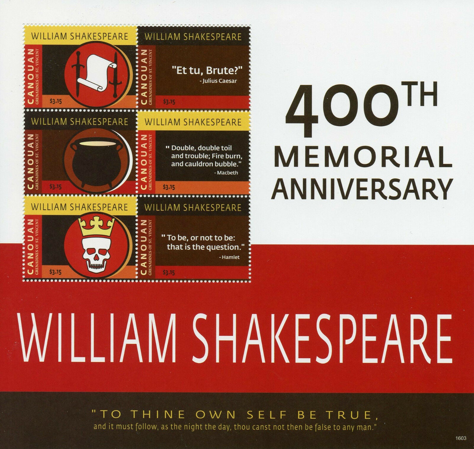 Canouan Gren St Vincent 2016 MNH William Shakespeare 400th Mem 6v M/S Stamps
