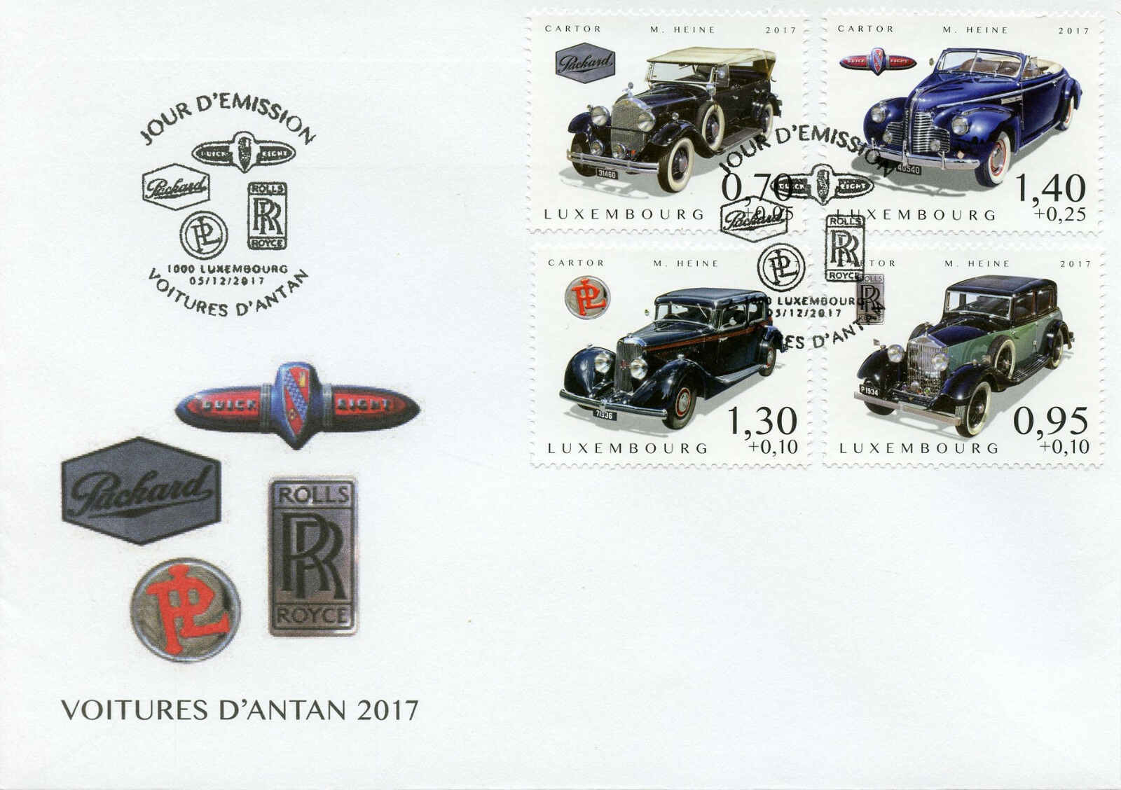 Luxembourg 2017 FDC Cars of Yesteryear Pt 4 Rolls Royce Buick 4v Cover Stamps