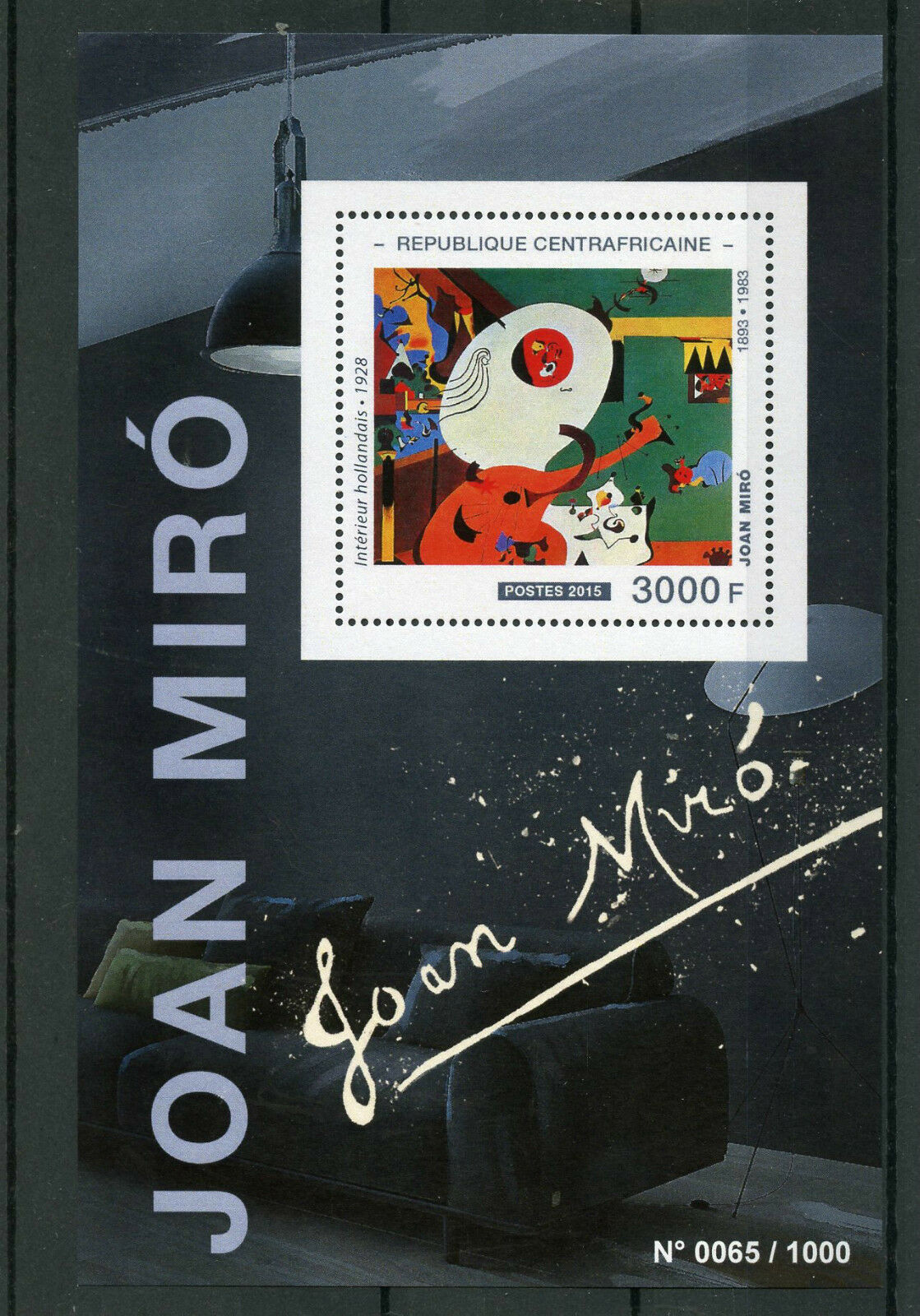 Central African Republic 2015 MNH Joan Miro 1v S/S Paintings Dutch Interior