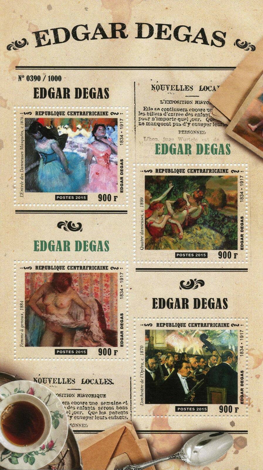 Central African Rep 2015 MNH Edgar Degas 4v MS Paintings Entrance Masked Dancers