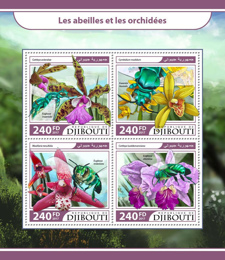 Djibouti 2017 MNH Bees & Orchids 4v M/S Cattleya Orchid Bee Flowers Stamps