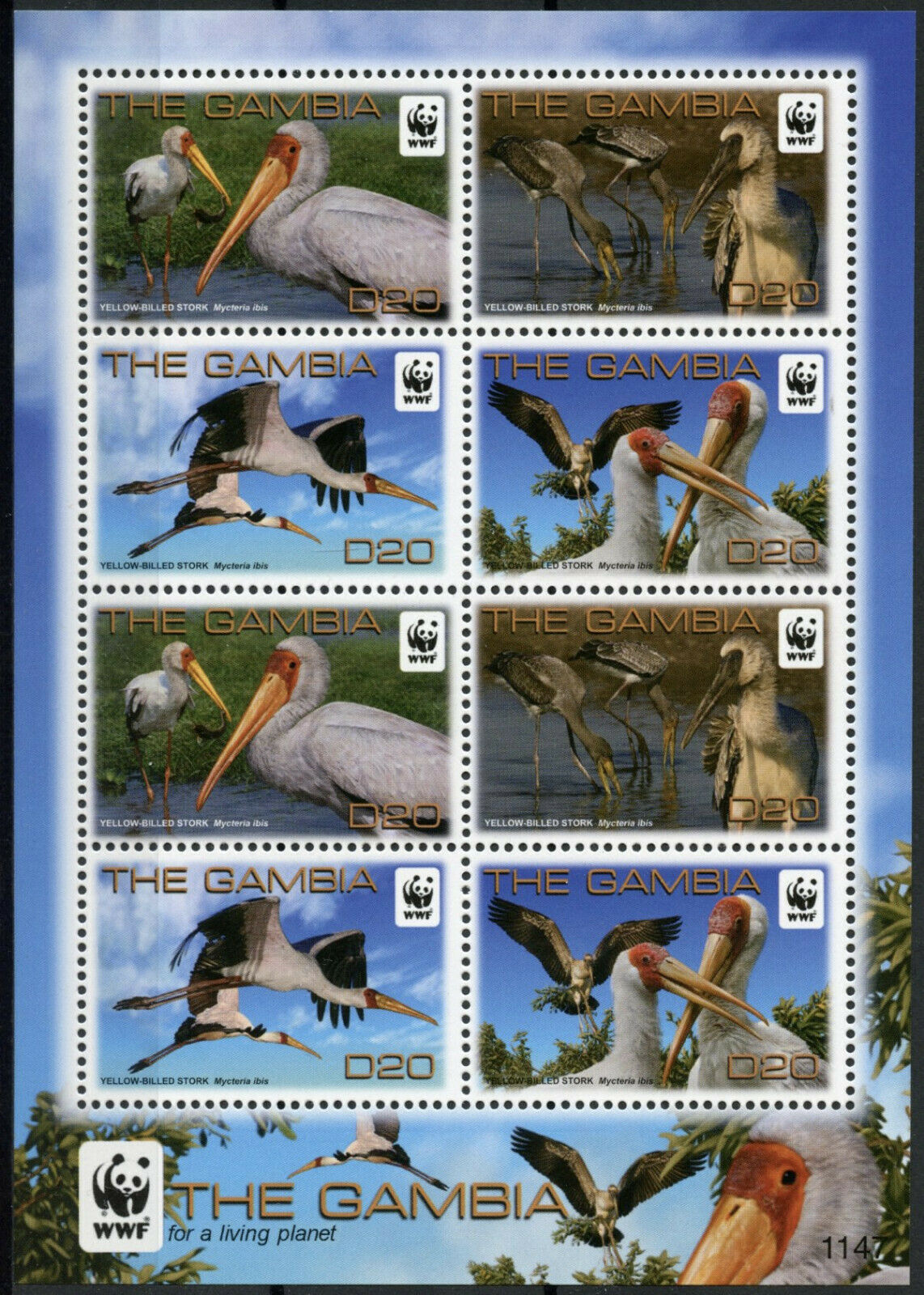 Gambia Birds on Stamps 2011 MNH Yellow-billed Stork WWF Storks 8v M/S
