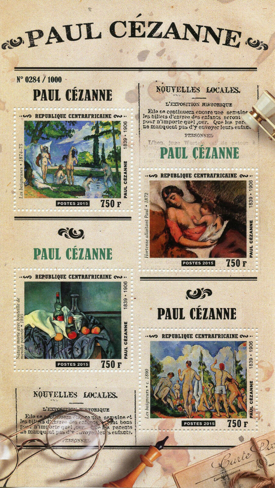 Central African Republic Art Stamps 2015 MNH Paul Cezanne Paintings Bathers Hortense 4v M/S