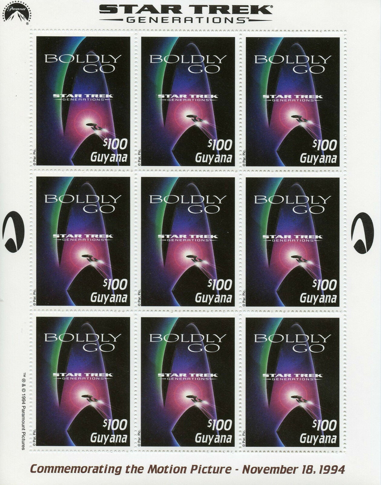 Guyana 1994 MNH Star Trek Generations 27v on 3 M/S Picard Riker Data Kirk Stamps