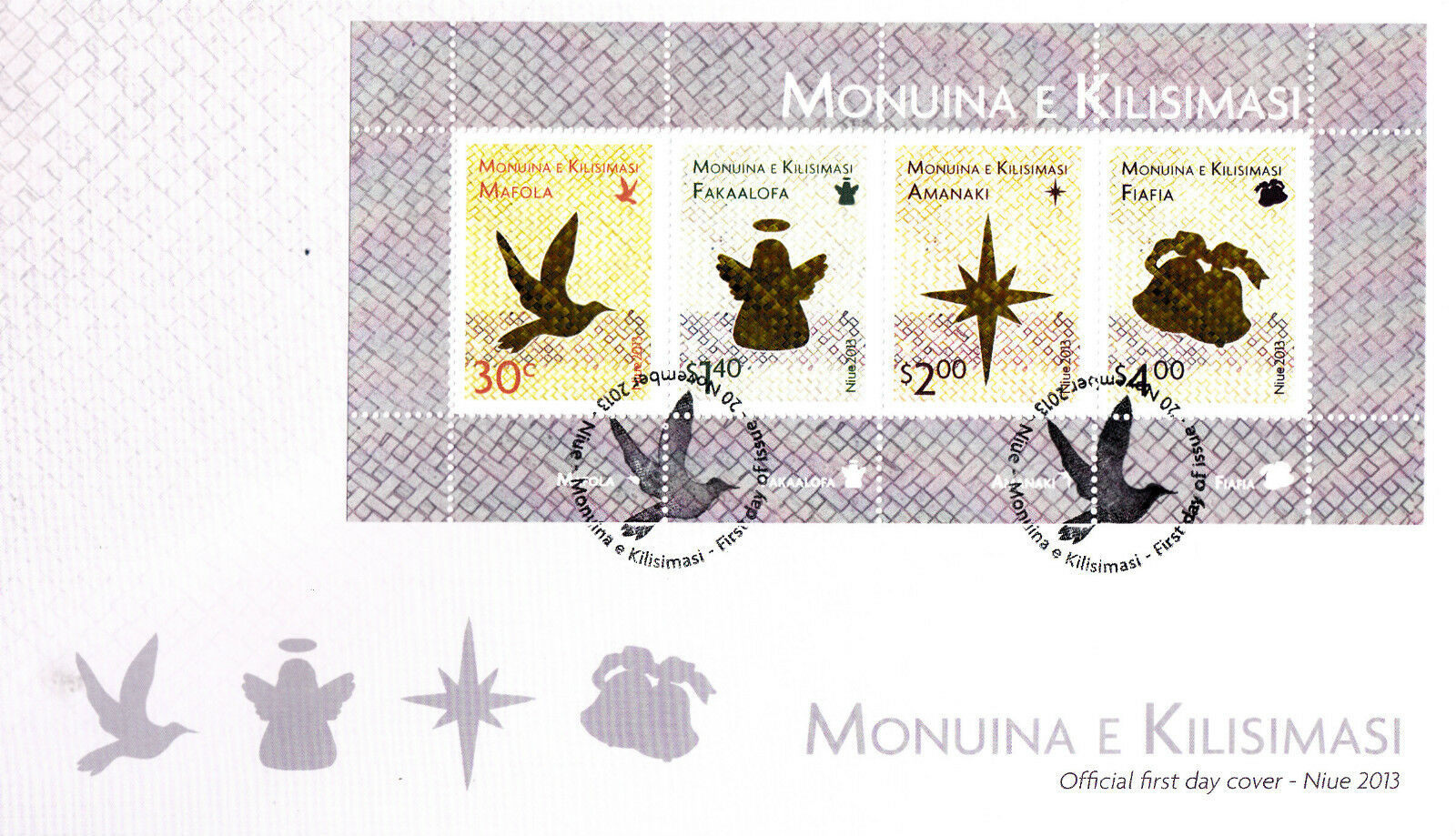 Niue 2013 FDC Christmas 4v M/S Cover Birds Angel Star Bells Monuina Kilisimasi