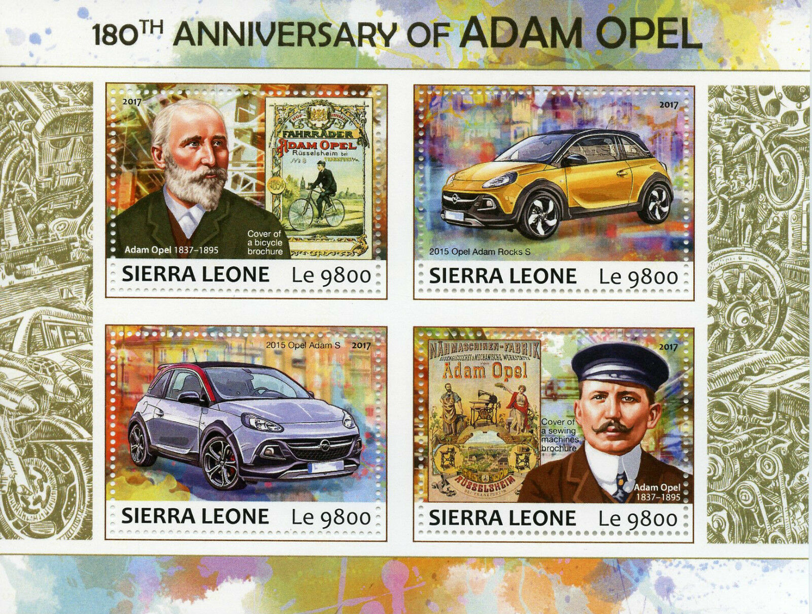 Sierra Leone 2017 MNH Adam Opel 180th Anniv Adam S 4v M/S Cars Bicycles Stamps