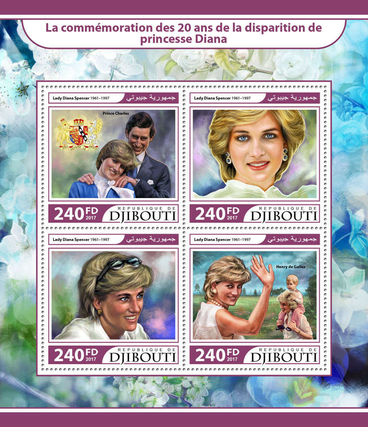 Djibouti 2017 MNH Princess Diana 20th Mem Prince Charles 4v M/S Royalty Stamps