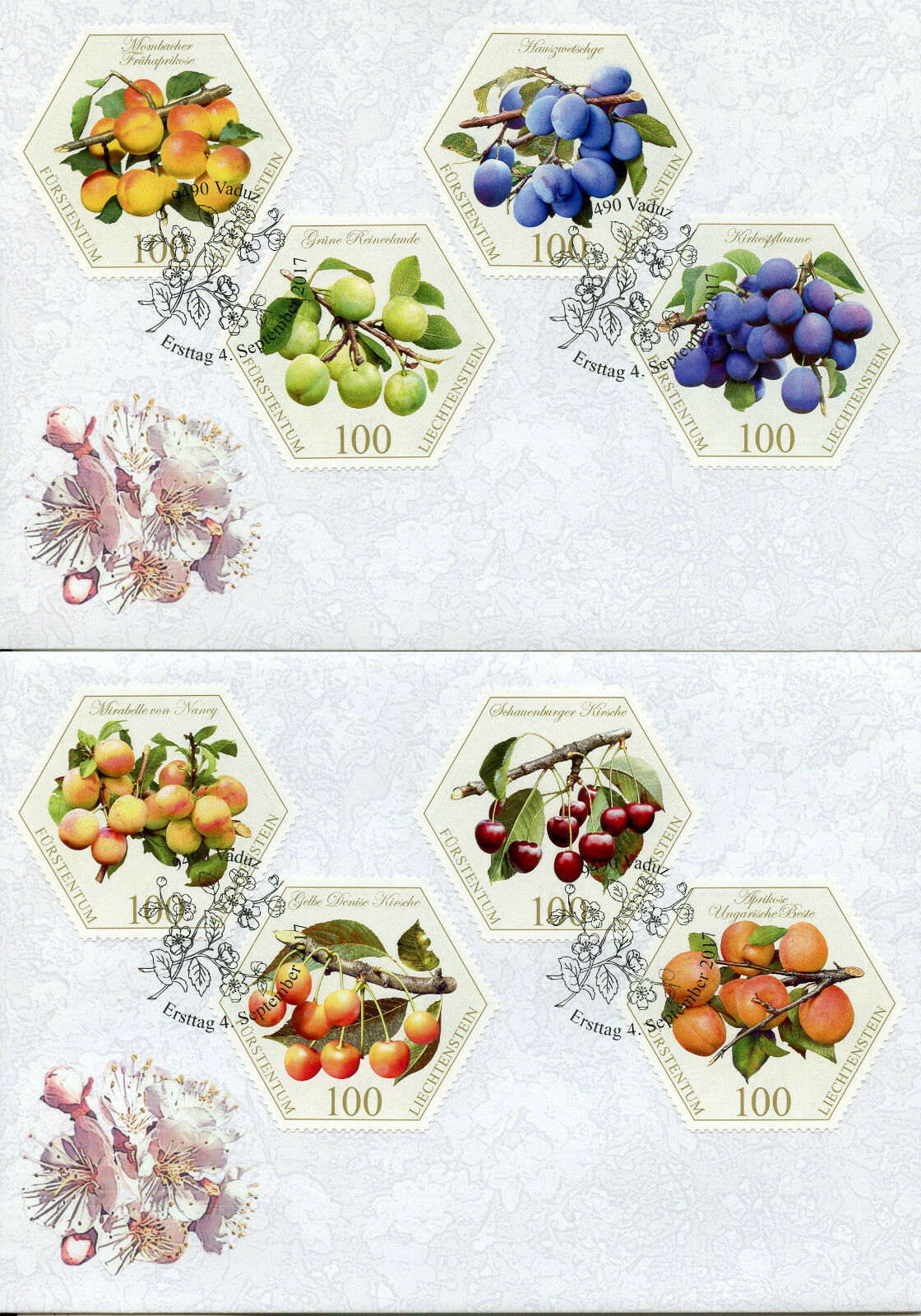 Liechtenstein 2017 FDC Old Fruit Varieties Stone Fruits 8v Set 2 Covers Stamps