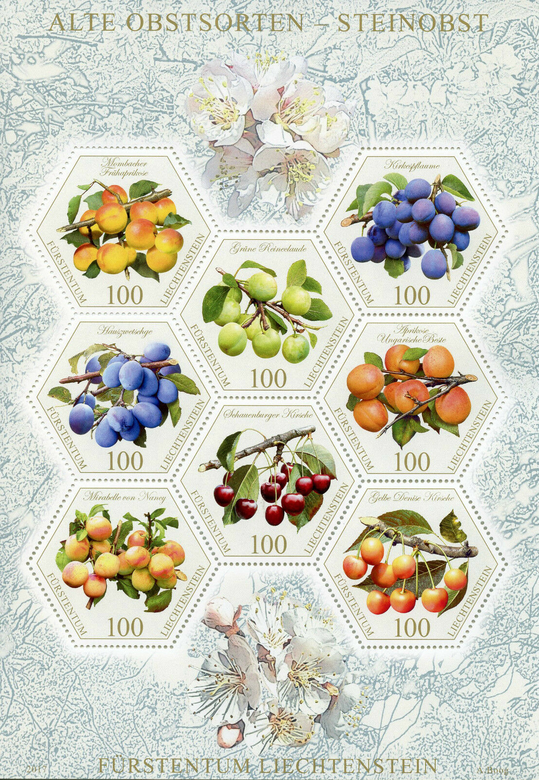 Liechtenstein 2017 MNH Old Fruit Varieties Stone Fruits 8v M/S Nature Stamps