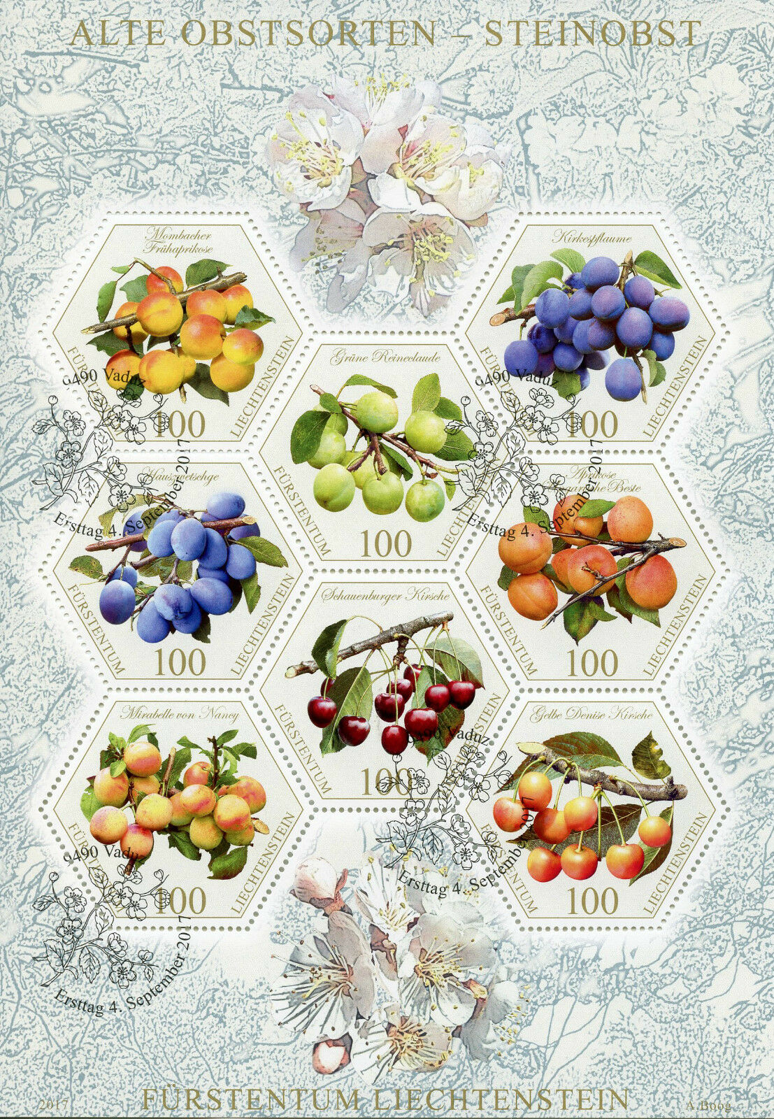 Liechtenstein 2017 CTO Old Fruit Varieties Stone Fruits 8v M/S Nature Stamps