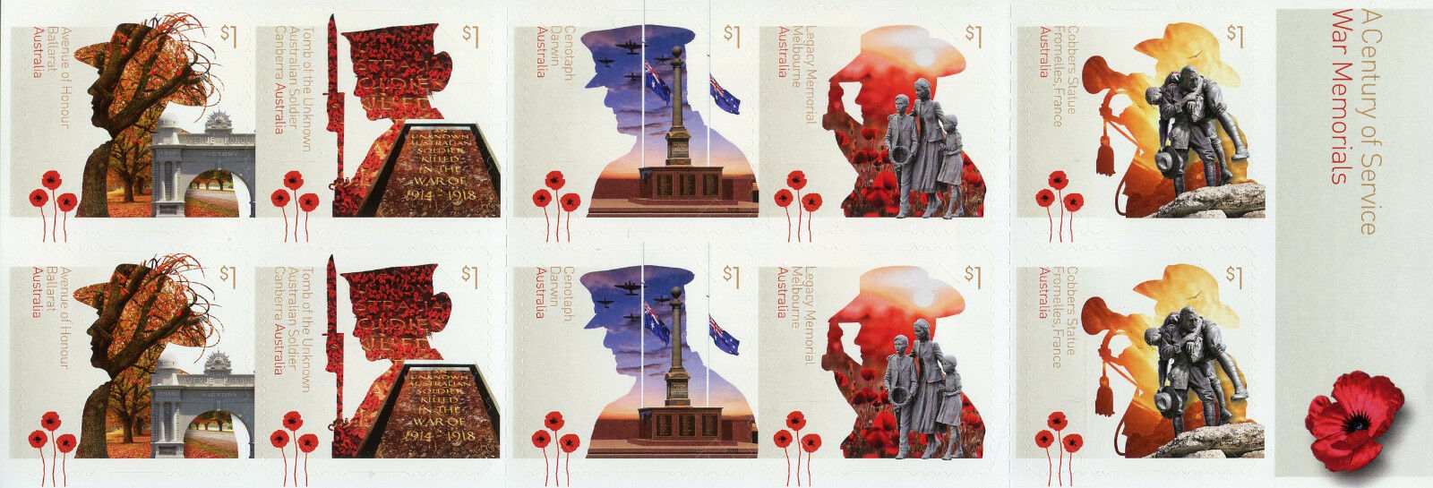 Australia 2018 MNH WWI WW1 War Memorials 10v S/A Booklet Poppy Military Stamps