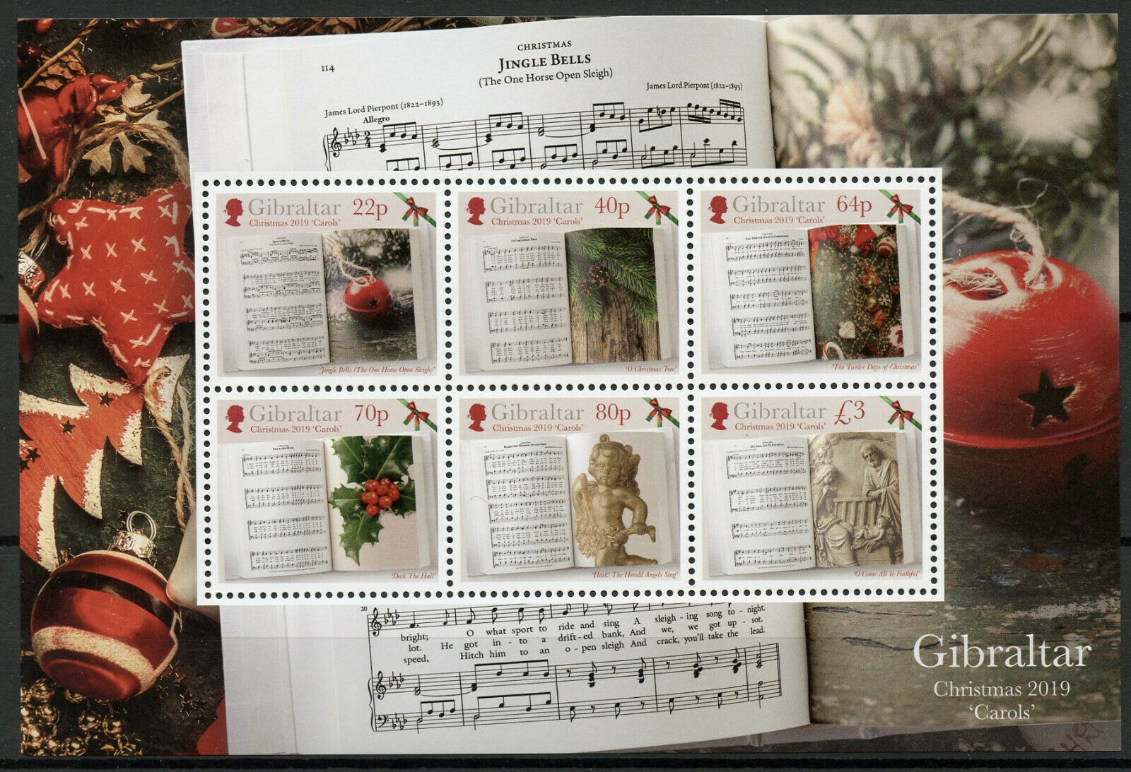 Gibraltar Christmas Stamps 2019 MNH Carols Decorations Angels 6v M/S
