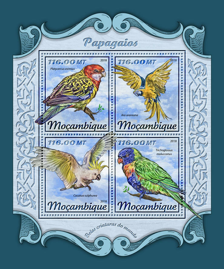Mozambique 2018 MNH Birds on Stamps Parrots Macaws Rosellas Cockatoos Lorikeets 4v M/S