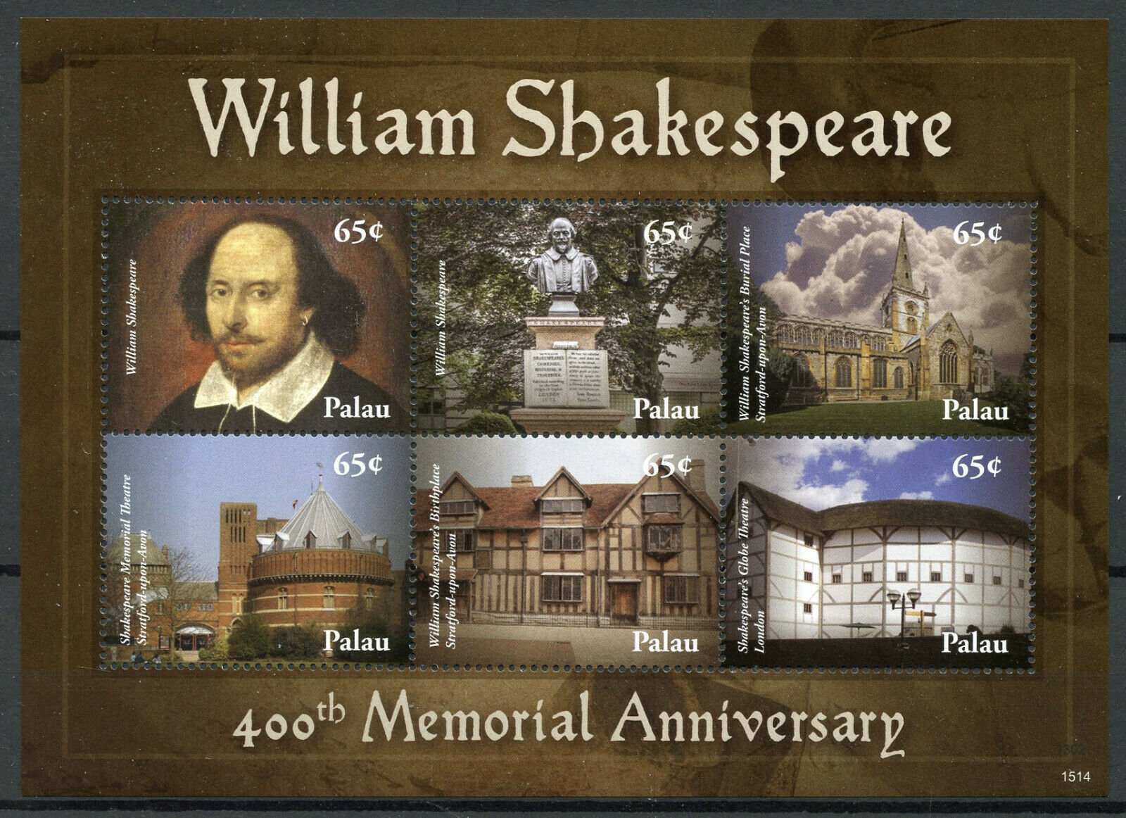 Palau Famous People 2015 MNH William Shakespeare 400th Memorial 6v M/S Stamps