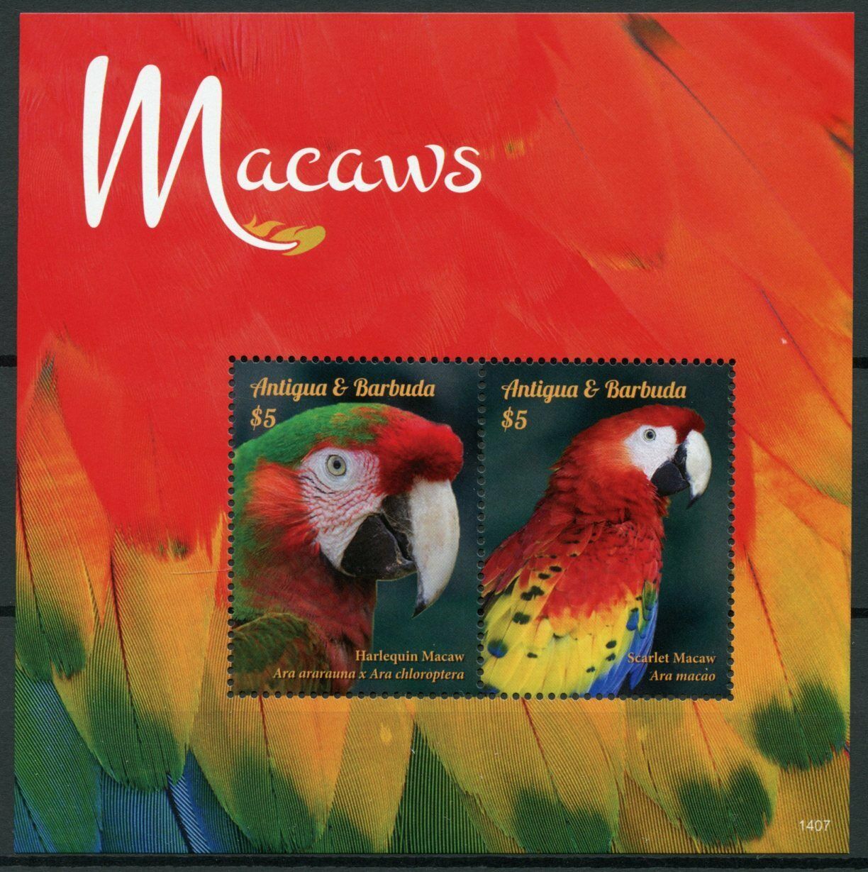 Antigua & Barbuda Birds on Stamps 2014 MNH Macaws Parrots Scarlet Macaw 2v S/S I
