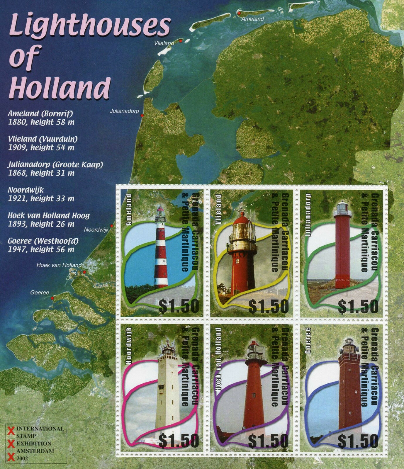 Grenadines Grenada 2002 MNH Architecture Stamps Lighthouses of Holland 6v M/S