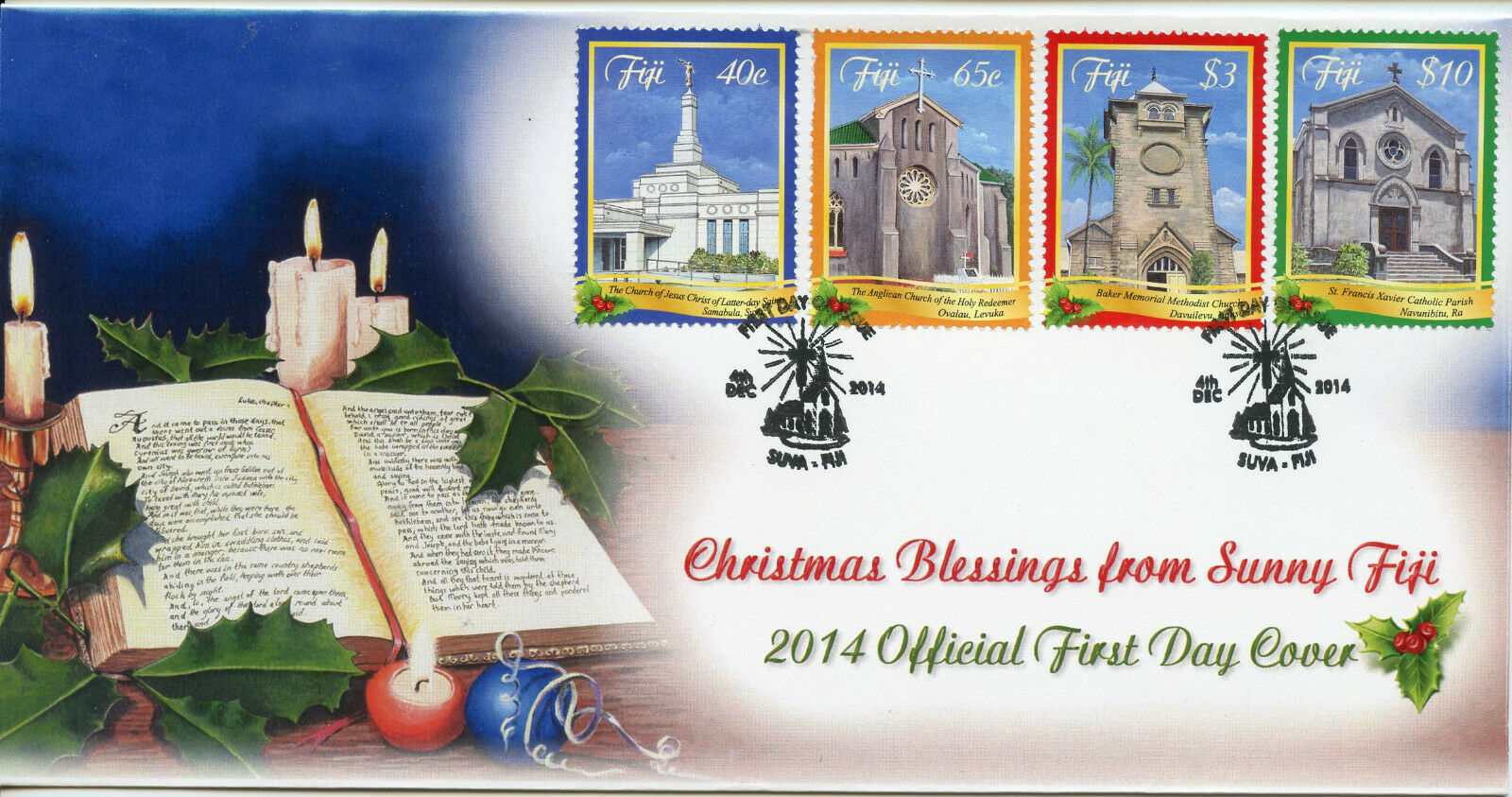 Fiji 2014 FDC Christmas 4v Set Cover Churches Methodist Catholic Anglican
